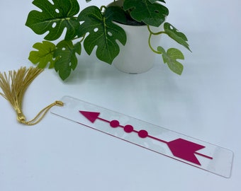 Lesezeichen / Bookmark PFEIL, pink - gold, 2 x 15cm, mit Quaste