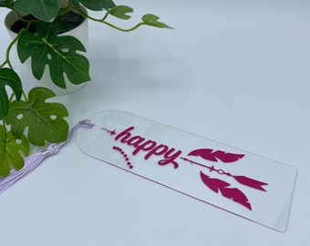 Lesezeichen / Bookmark HAPPY, pink - flieder, 5 x 15cm, mit Quaste