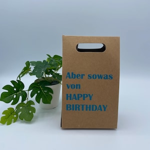 Geschenkverpackung /-kartonage "Aber sowas von HAPPY BIRTHDAY", braun-petrol, 9,5 x 13cm + 5cm Bodenfalte
