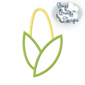 May include: A simple embroidery design of a corn cob with green leaves and a yellow husk.