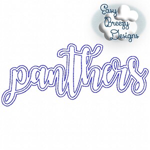 May include: White background with the word "panthers" in a blue, cursive font. The word is outlined in a darker blue, giving it a 3D effect. In the upper right corner is a cloud graphic with the text "Easy Breezy Designs".