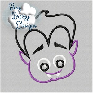 May include: Purple and black cartoon monster face with white eyes and teeth. The monster has a large, black, curly hairstyle.