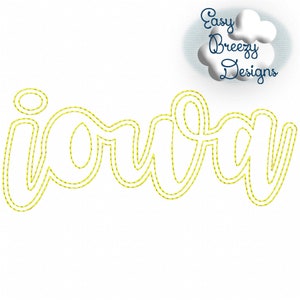 May include: A yellow embroidered design of the word "iowa" in a cursive font.