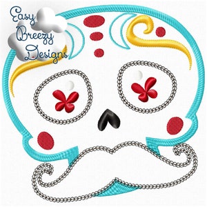 Sugar Skull with Mustache, Day of the Dead Applique Design, Dia de los Muertos Applique, Mexican Theme – Download Only – Digital File
