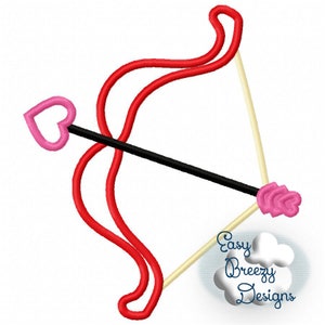 May include: A red and black bow and arrow with a pink heart-shaped arrowhead. The bow is made of two red loops and a black stick. The arrow is made of a black stick with a pink heart-shaped arrowhead.
