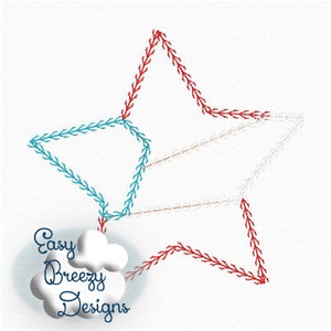 May include: A red, white and blue star with a stitched design. The star is outlined in red, filled with white, and has a blue centre.