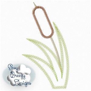 May include: A brown and green embroidered design of a cattail plant with a long, thin stem and a brown, oval-shaped head.