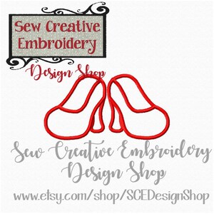 May include: Red embroidered design of a pair of high heels. The design is titled "Sew Creative Embroidery Design Shop" and includes the website address www.etsy.com/shop/SCEDesignShop.