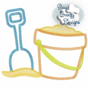 May include: A blue plastic shovel and an orange plastic bucket with a green handle. The shovel and bucket are sitting on a yellow surface, which represents sand.