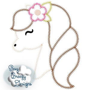 Blumen Pony ZickZack Applikation, Quick Stitch Blumen Pferd Gesicht Mädchen Applikation Stickdatei, Pferde Applikation - Maschinenstickerei