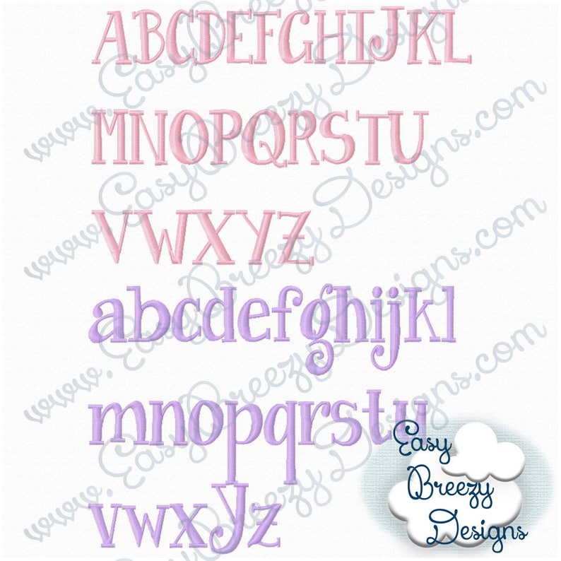 May include: An alphabet chart with uppercase and lowercase letters in pink and purple. The letters are embroidered and have a slightly distressed look. The letters are arranged in alphabetical order.