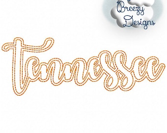 May include: A digital embroidery design of the word "Tennessee" in a cursive font. The design is outlined in a double stitch and is suitable for embroidery machines.