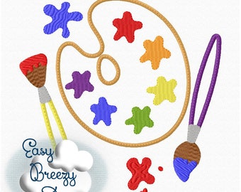 May include: A brown paint palette with colorful paint splatters and a paintbrush. The palette has six paint wells, each filled with a different color of paint. The paintbrush is purple with a brown handle and a blue paint splatter on the tip. The text "Easy Breezy Designs" is in a white cloud.