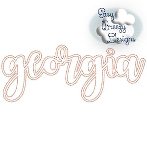 May include: A digital embroidery design of the word "georgia" in a cursive font. The design is outlined in a copper color.
