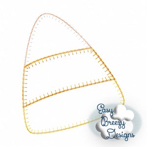 May include: A simple outline of a candy corn with a white top, orange middle, and yellow bottom. The outline is made of a stitched pattern.