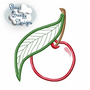 May include: A red cherry with a green leaf and a brown stem. The cherry is outlined in red and the leaf is outlined in green.