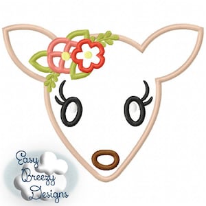 Floral Hirsch Gesicht Mädchen Applikation Stickdatei, Frühling, Reh Applikation, Rehkitz Applikation - Stickdatei - Digital Download