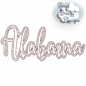 May include: A red outline of the word "Alabama" in a cursive font.