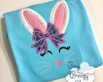 Bunny Face Bow Applique, Bow Girl Easter Bunny Embroidery Applique Design, Spring Embroidery - Machine Embroidery Files - Digital Download
