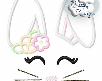 Bunny Face Girl Applique, Floral Easter Bunny Embroidery Applique Design, Spring Embroidery - Machine Embroidery Files - Digital Download