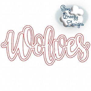 Script Wolves Raggy Applique, Team Name Outline, Raggy Applique, Sports Design Download –Digital Download Machine Embroidery File