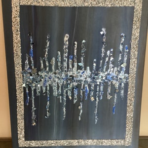 16”x 20” Wall Art, dark blue hues matte acrylic paint with light blue mirrored cut glass crystals and holographic glitter painting