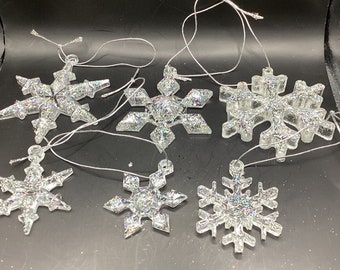 Two different sets clear and silver glitter snowflake Christmas ornaments
