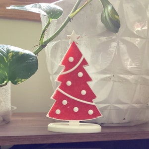 Handmade light up red and white Christmas tree on stand Christmas decor