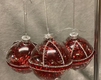 3” ruby red with clear rhinestones and red tinsel Christmas ornaments