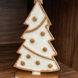 Handmade light Christmas tree on stand Christmas decor in gold and white