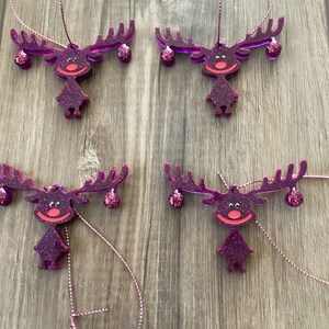 Comical purple glitter reindeer Christmas ornaments set of 4