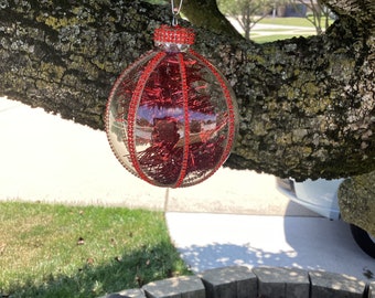 3” Red rhinestones and red tinsel Christmas ornament