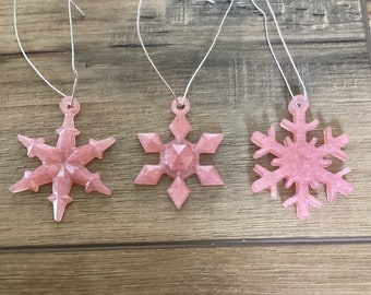 2” set of 3 light pink pearlized Christmas tree snowflake ornaments