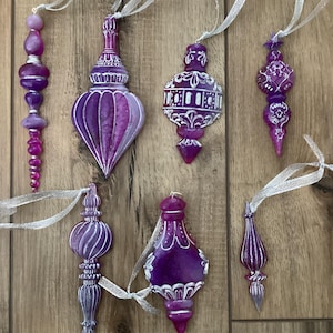 Handmade Victorian style Christmas tree ornaments in purple with silver outline