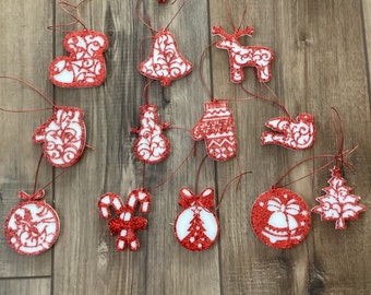 Handmade Victorian style Christmas ornaments in red and whiteAB glitters 2”