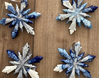 Snowflake Christmas ornaments in blues white and silver 4”