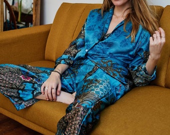Blue Silk Blend Pyjama set, Silk Nightwear, Valentines gift ideas, gifts for her, Maru Pyjama set, Homewear, loungewear