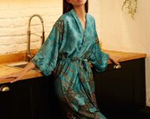 Ocean blue silk blend Kimono robe, christmas gifts, Dressing gown, Vintage kimono, Bridesmaid robes, Bridal Robe, gifts for her, Maru