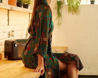 Robe de chambre kimono émeraude, cadeaux de Noël, robe de chambre kimono en soie mélangée, kimono vintage, robes de demoiselle d'honneur, robe de mariée, marul ungewear