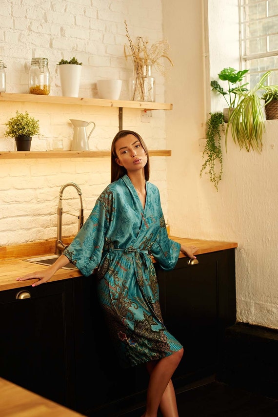 Ocean Blue Silk Blend Kimono Robe 