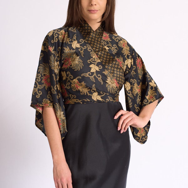 Top avvolgente in seta nera, top kimono, veste kimono, top kimono vintage, abbigliamento festival, top festival, Maru Loungewear, idee regalo di San Valentino