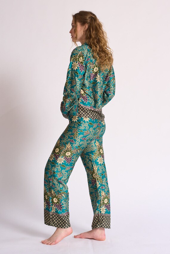 BLACK FRIDAY SALE Turquoise Pyjama Set Silk Blend Pyjama Set Floral Satin Pyjamas Vintage Womens Pyjamas Silk Sleepwear Maru Loungewear Etsy UK