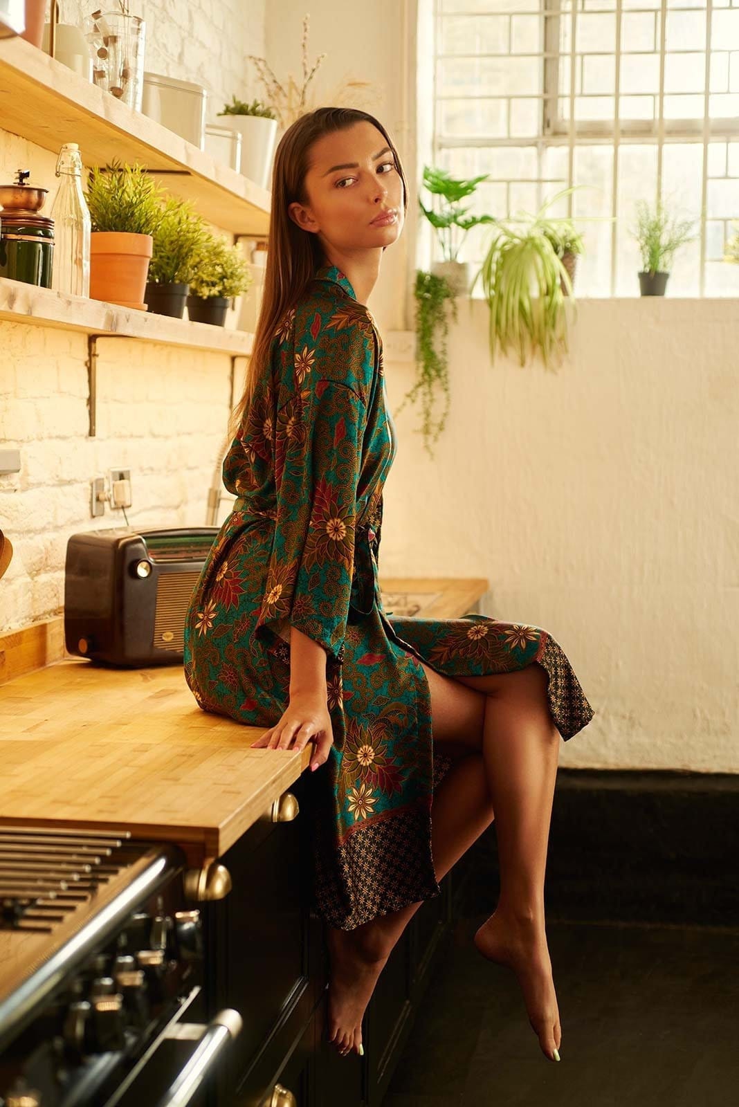 Emerald Silk Blend Kimono Robe Dressing 