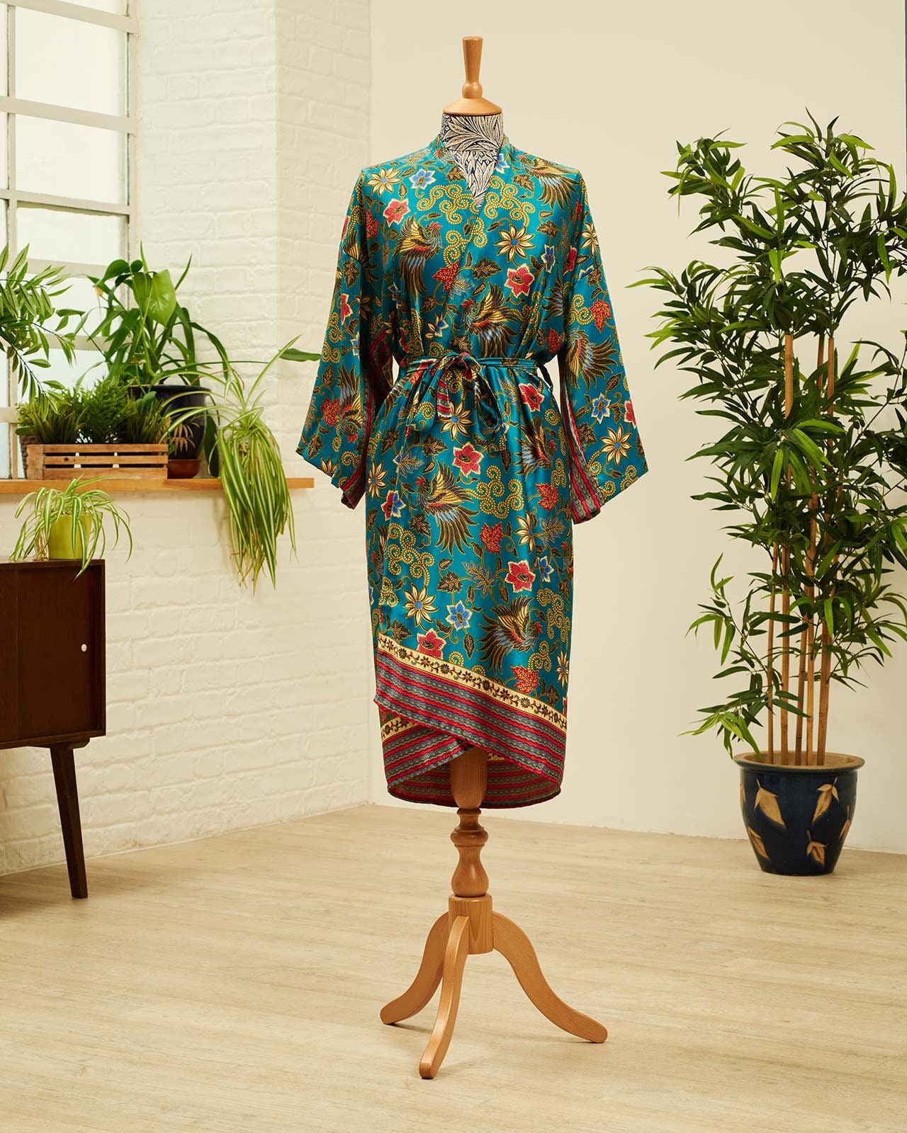 green silk kimono robe