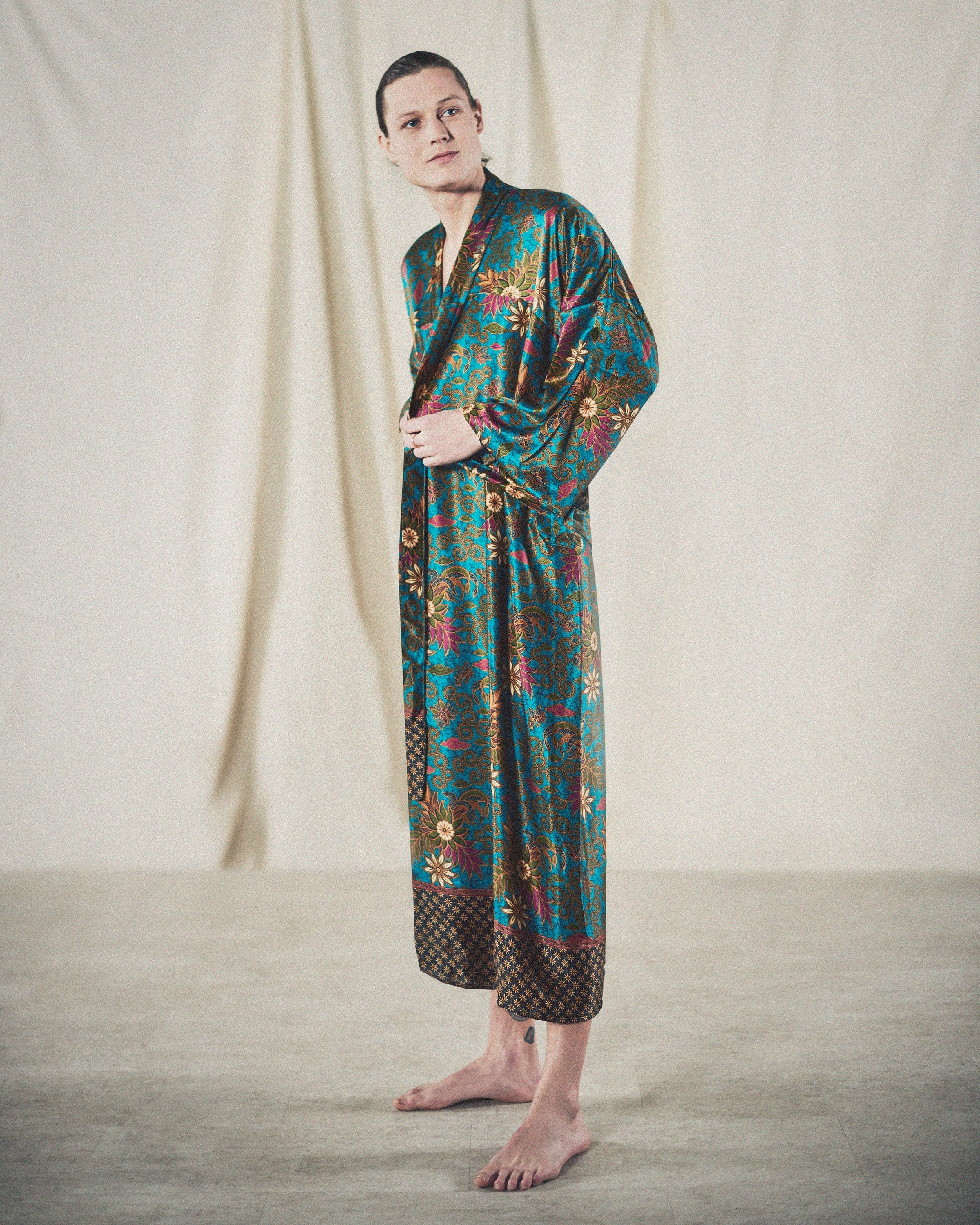 Bohemian Mens Silk Kimono Green & Gold Silk Kimono Robe for Man Silk Pajama  Robe for Men Bathrobe Perfect Christmas Gift for Him 