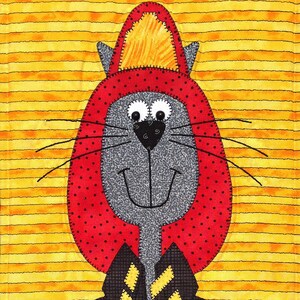 May include: A gray cat wearing a red and black firefighter hat and a black jacket with yellow stripes. The cat has a black nose and big black eyes.