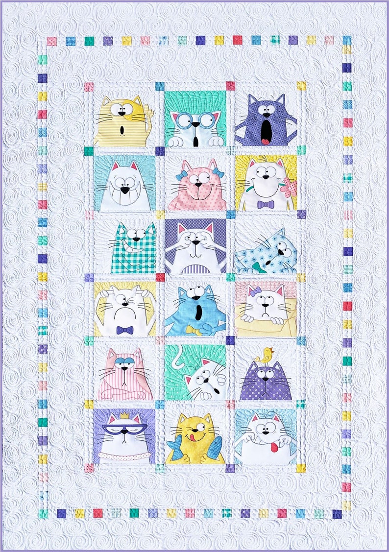 May include: A white quilt with a purple border and a repeating pattern of swirls. The quilt features 16 squares, each containing a different cartoon cat with various expressions and accessories. The cats are in a variety of colors, including yellow, blue, pink, and purple.