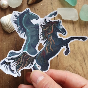 Stickers folklore écossais Kelpie, chevaux bondissants et dessins effrayants de Kelpie