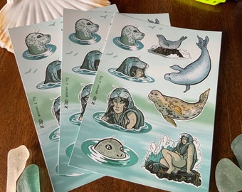 Scottish Folklore Selkies Sticker Sheet, 8 Seal Folk Stickers on A6 Sheet