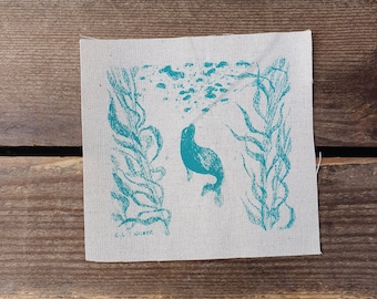 Seal in the Kelp Sew-on Patch, Scottish Selkie and Seaweed Design, Handprinted onto 100% Cotton